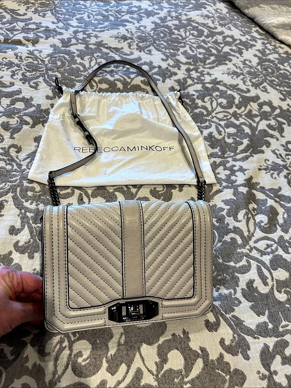 Rebecca Minkoff Chevron Quilted Love Crossbody Light Grey Bag